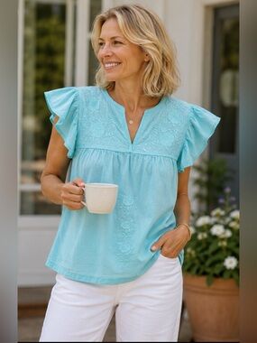 J Marie Embroidered Flutter-Sleeve Top